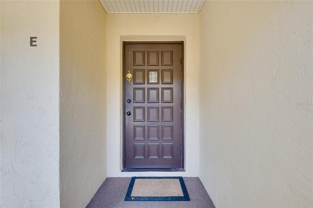 A brown paneled front door with a gold knocker sits in a recessed entryway — 360 THREE LAKES LANE UNIT E, VENICE, FL