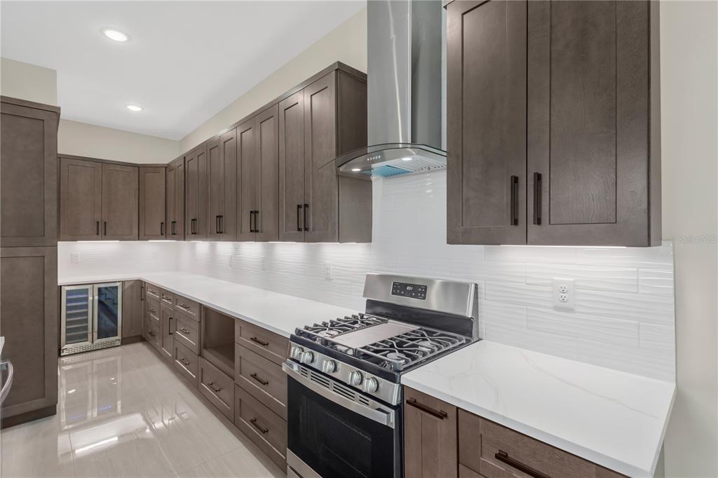 A modern kitchen features dark wood cabinetry, white countertops, a gas range, and a stainless-steel hood — 6021 INTERBAY UNIT 1, TAMPA, FL