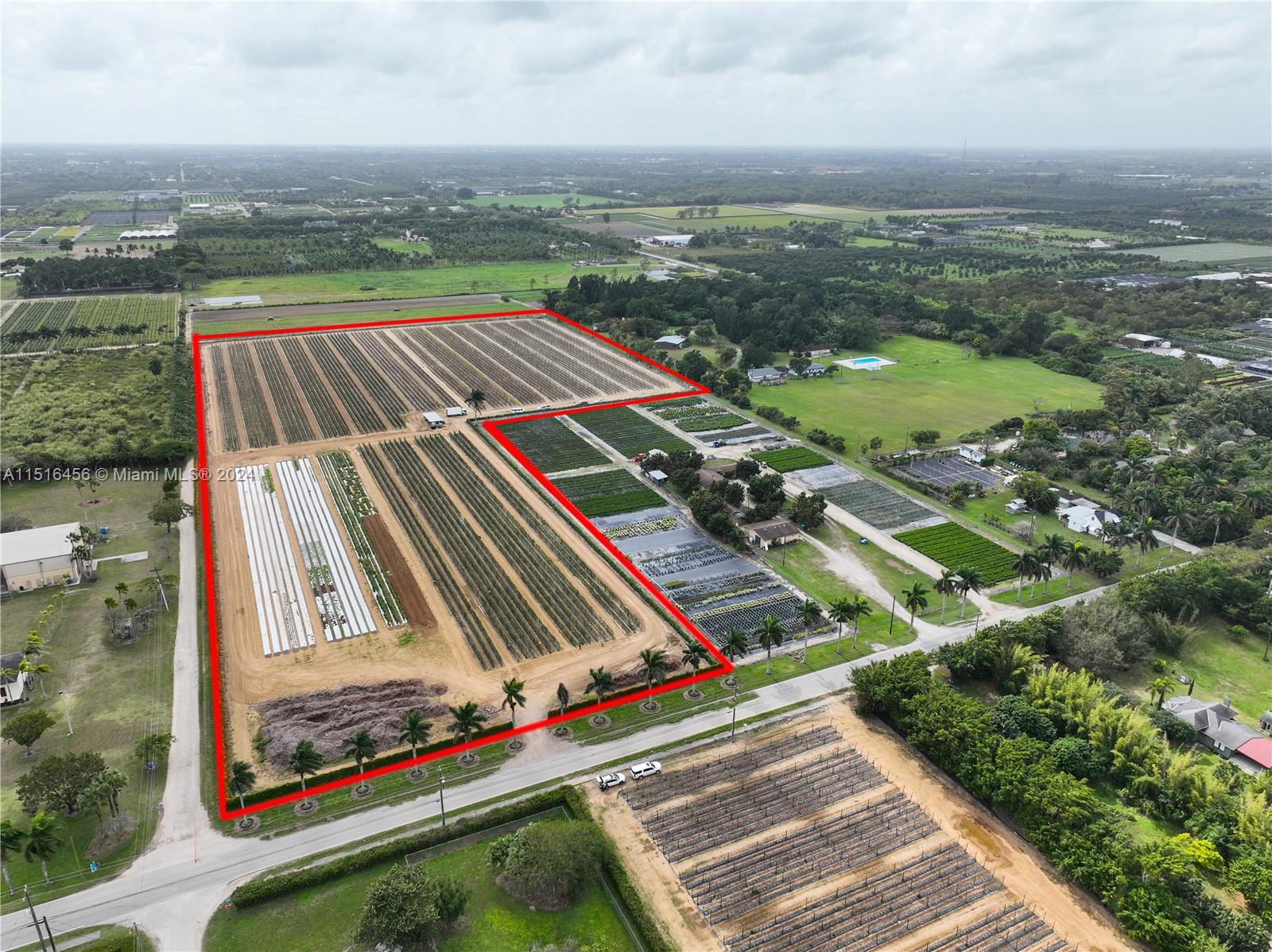 An aerial view shows a large agricultural property outlined in red with rows of crops — 164XX SW 248 ST, Miami FL 33031, MIAMI, FL