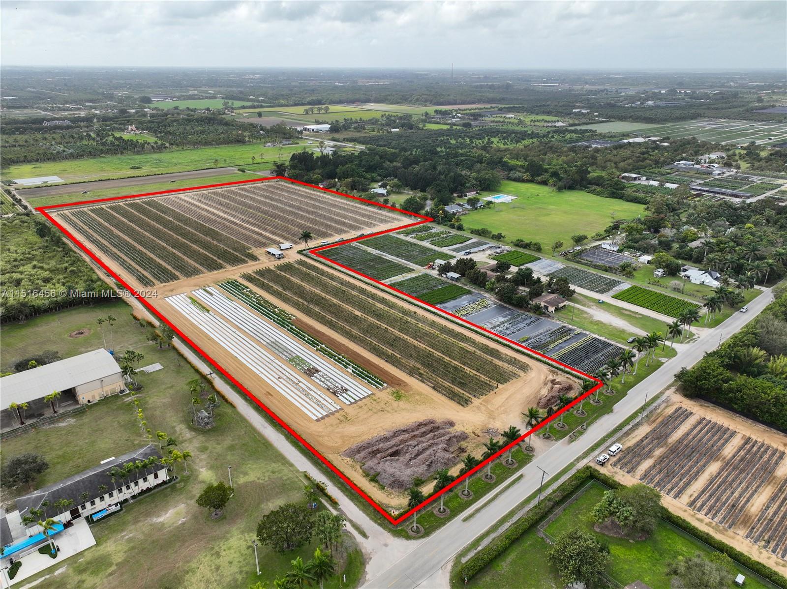 An aerial view shows a large agricultural property outlined in red with cultivated crop rows — 164XX SW 248 ST, Miami FL 33031, MIAMI, FL