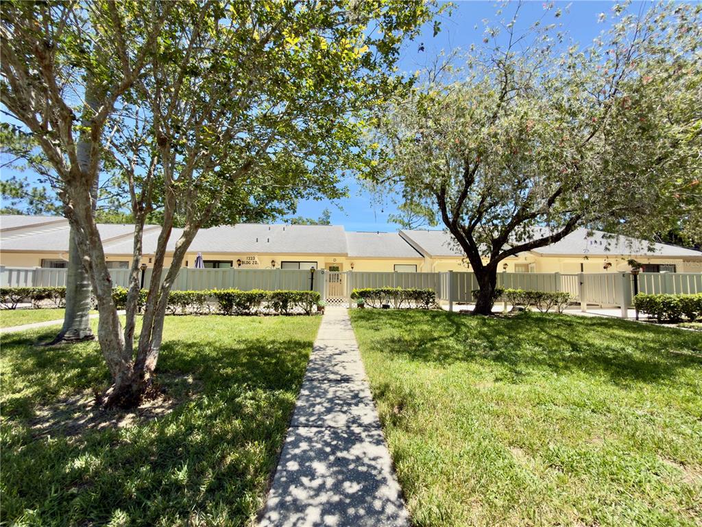A sidewalk leads through a grassy yard toward the entrance of a single-story residential building — 1333 SHADY PINE WAY UNIT D, TARPON SPRINGS, FL
