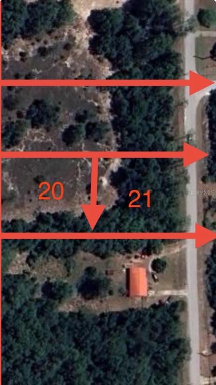 An aerial map view shows two adjacent land parcels marked 20 and 21 with red arrows — 20 & 21 SW AZALEA, DUNNELLON, FL
