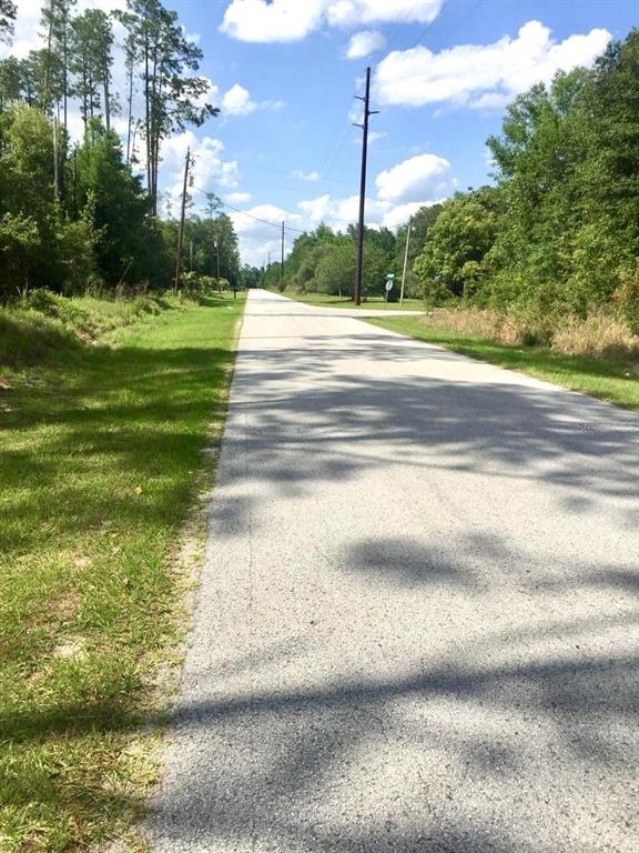 A paved road stretches into the distance between grassy shoulders and wooded areas — 20 & 21 SW AZALEA, DUNNELLON, FL