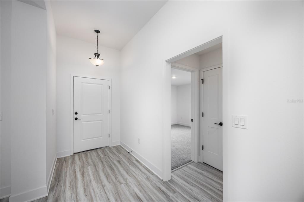 A bright entryway features light wood-look flooring, a white front door, and a pendant light — 16808 NW 178TH TERRACE, ALACHUA, FL