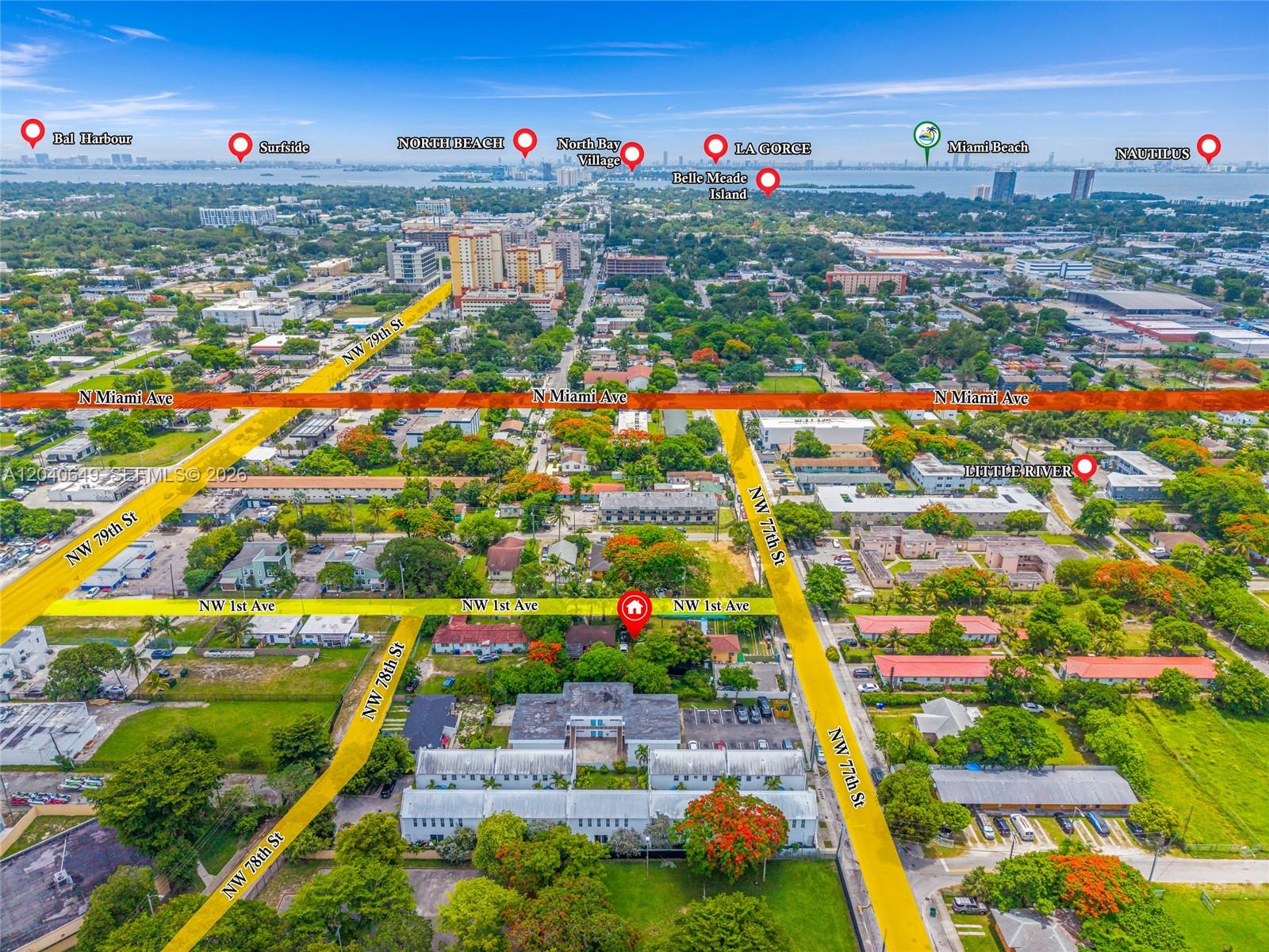 This aerial map shows a residential neighborhood with highlighted streets and surrounding area landmarks — 111 NW 77th St, Miami FL 33150, MIAMI, FL