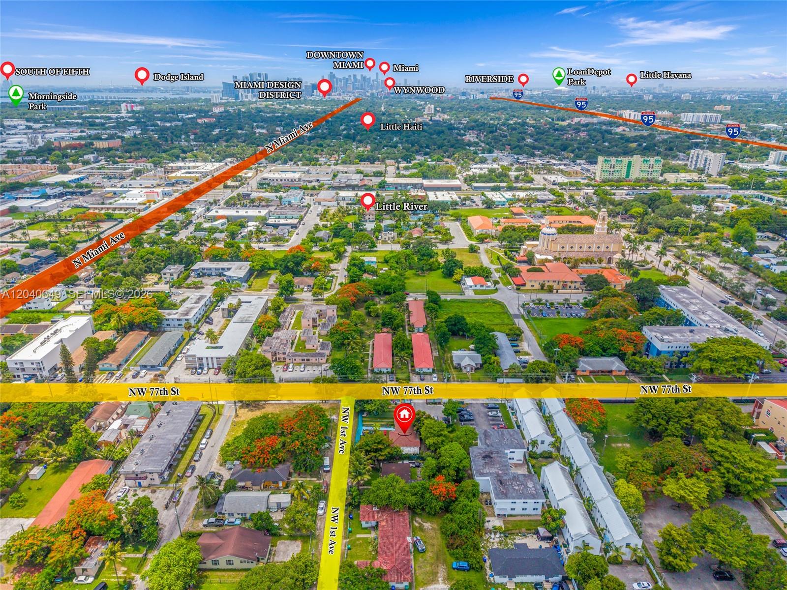 This is an aerial map view of a neighborhood with a highlighted property location — 111 NW 77th St, Miami FL 33150, MIAMI, FL