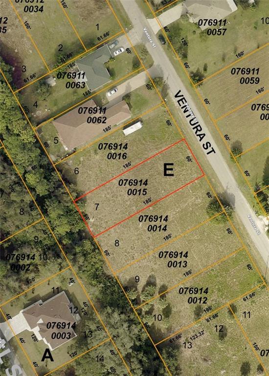 This is an aerial map showing residential lots and street layouts — Lot 7 VENTURA STREET, NORTH PORT, FL