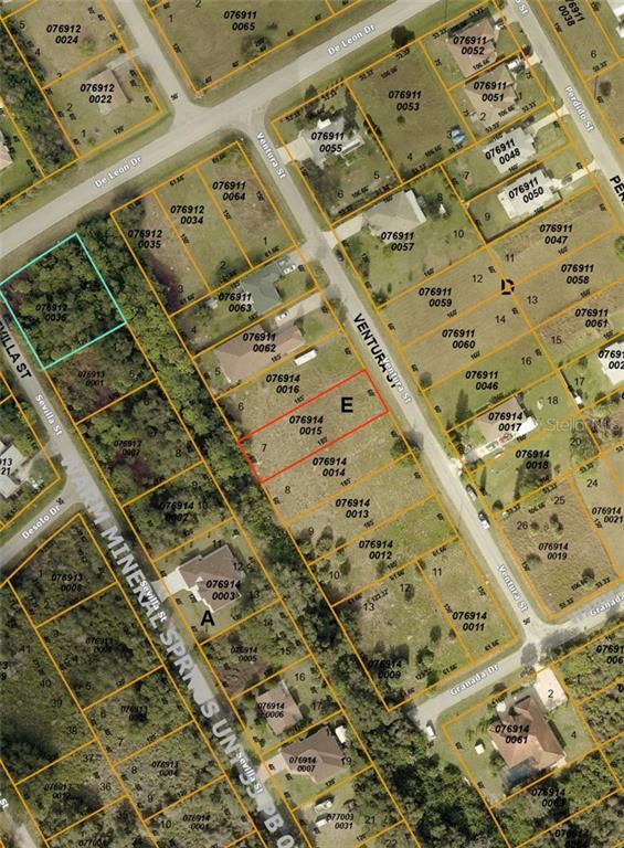 This is an aerial map showing residential land parcels and street layouts — Lot 7 VENTURA STREET, NORTH PORT, FL