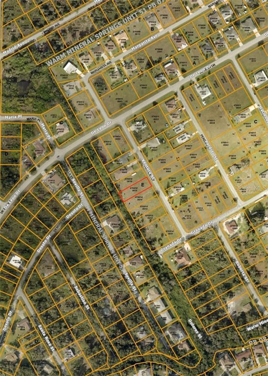 This is an aerial map showing a residential neighborhood with highlighted property lines — Lot 7 VENTURA STREET, NORTH PORT, FL