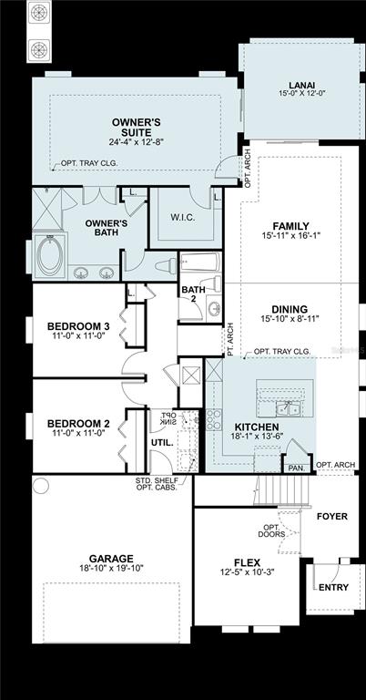 This is a floor plan for a single-story home featuring a garage, kitchen, and three bedrooms — 1734 SUTTONSET TRAIL, ZEPHYRHILLS, FL