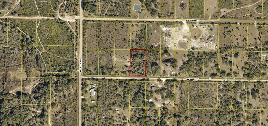 An aerial map view shows a rectangular plot of land outlined in red — 20639 NW 300TH STREET, OKEECHOBEE, FL