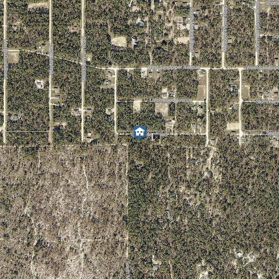 This is an aerial map showing a residential property location within a wooded neighborhood — Lot 2 CHICKADEE ROAD, BROOKSVILLE, FL
