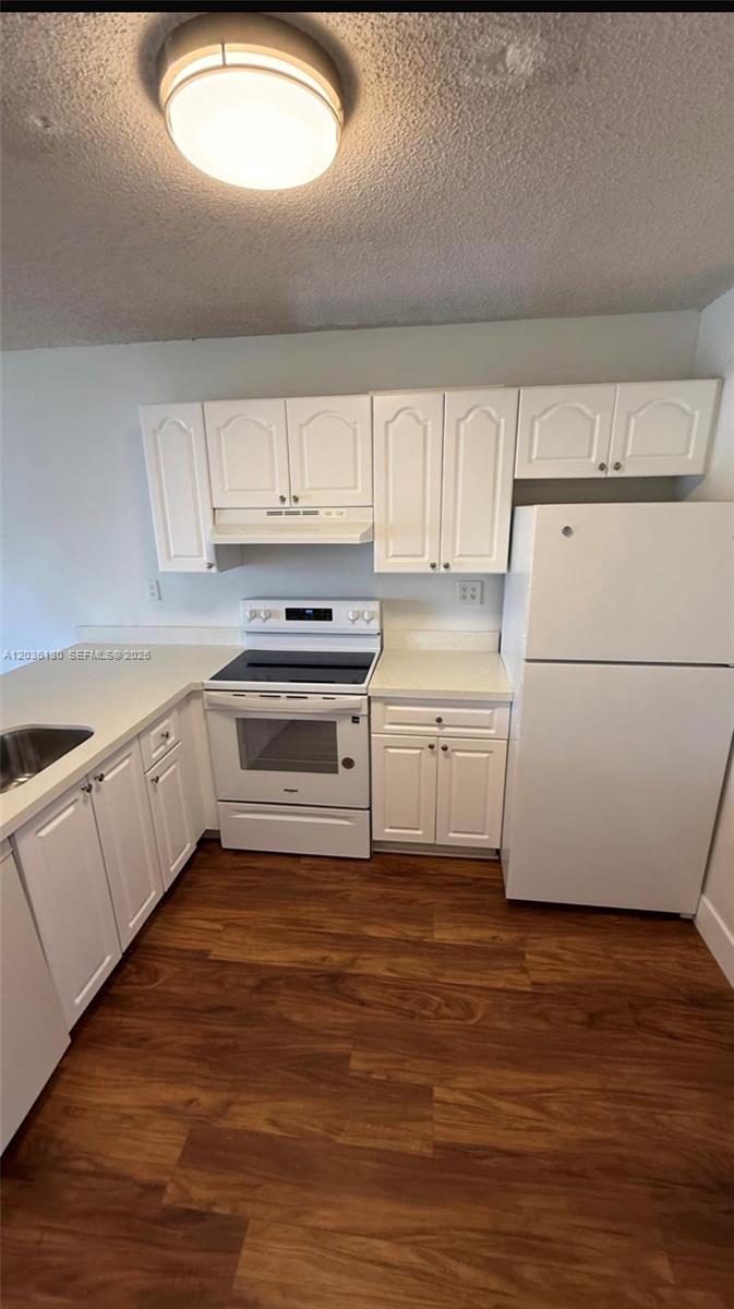A kitchen features white cabinets, white appliances, and wood-look flooring — SUNRISE, FL