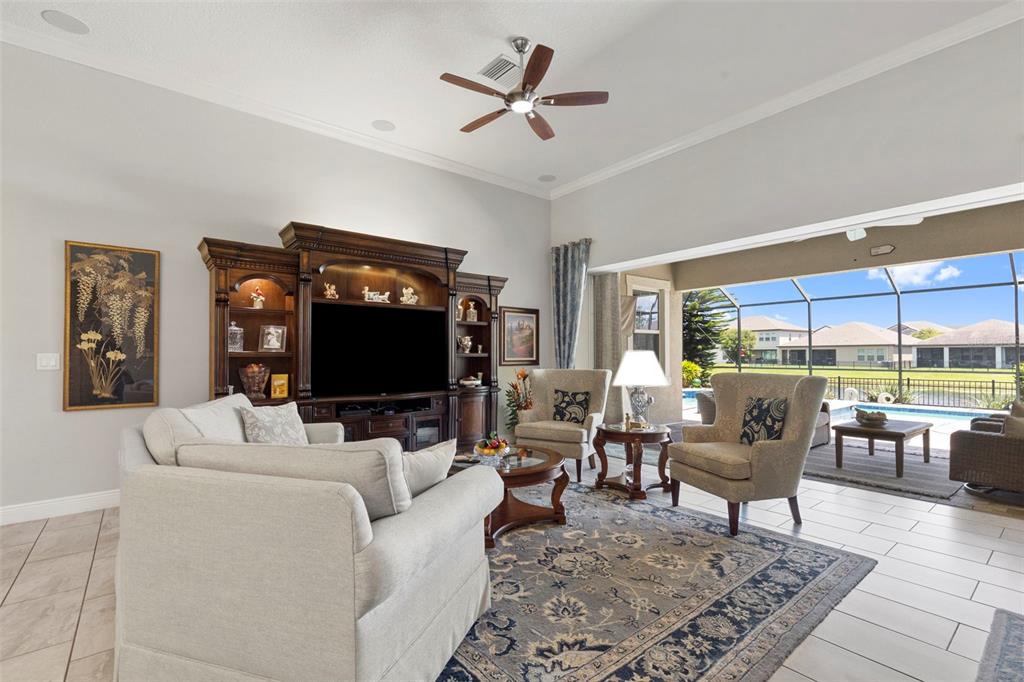 A screened-in pool and spa area with a view of a lake and neighborhood homes — 13340 FAWN LILY DRIVE, RIVERVIEW, FL