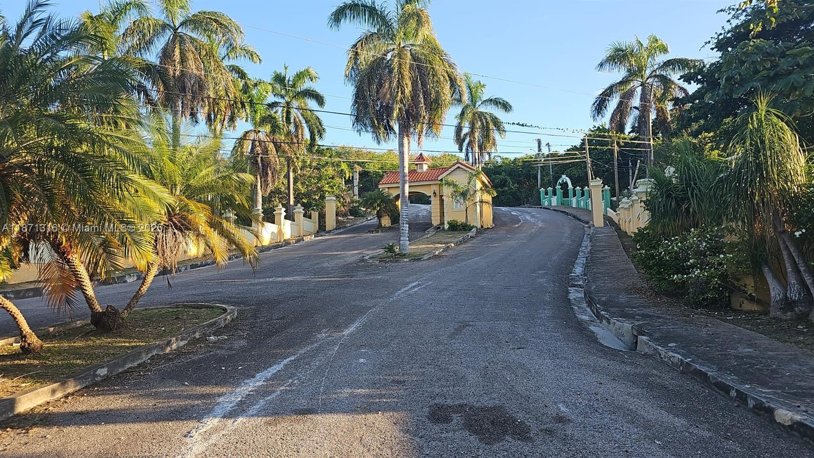 A paved road leads toward a gated entrance structure surrounded by palm trees and greenery — 00 Heavenly Heights Hanover,Jamaica, NA, NA
