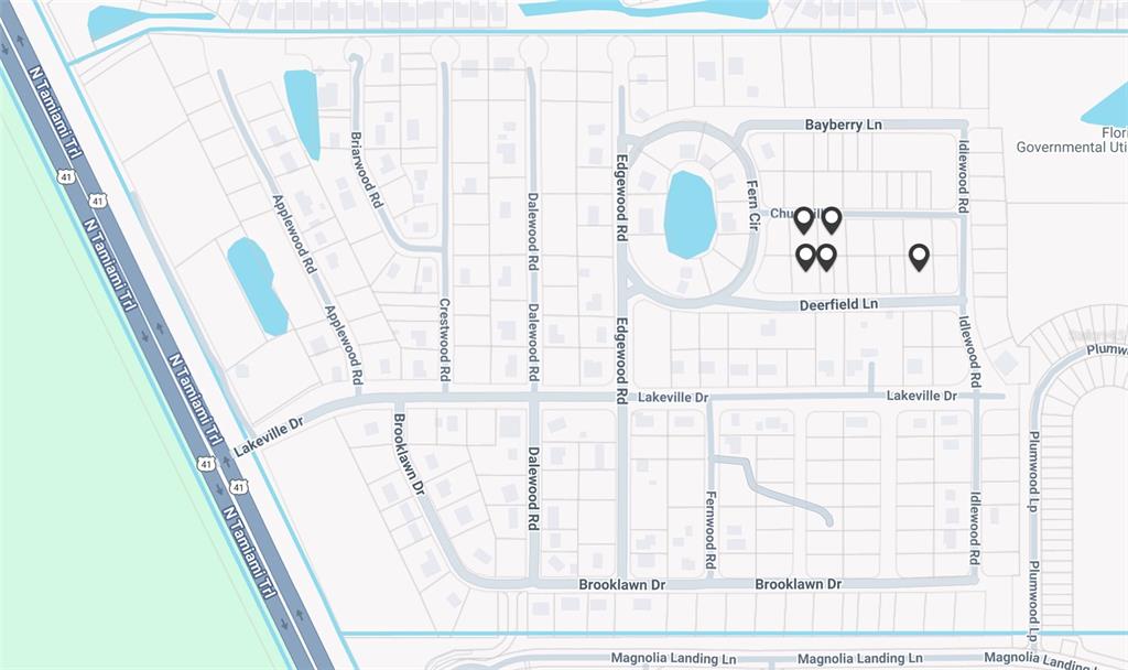 This is a map showing residential streets and neighborhood layouts in a suburban area — 2297 DEERFIELD LANE, NORTH FORT MYERS, FL
