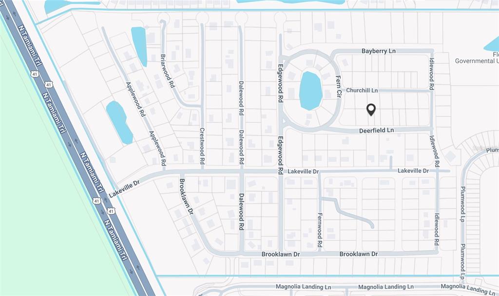 This is a map showing residential streets and a location marker in a neighborhood — 2297 DEERFIELD LANE, NORTH FORT MYERS, FL