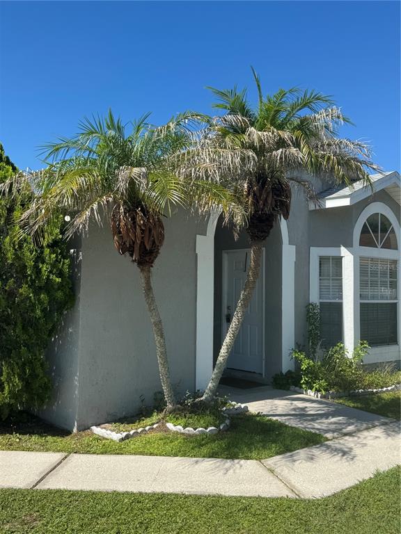 A gray house exterior features two palm trees in front of the arched entryway — 2399 HARBOR TOWN DRIVE, KISSIMMEE, FL