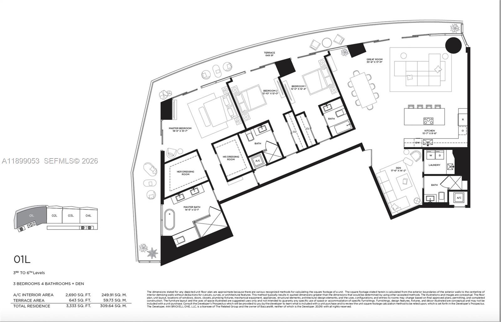 This is a floor plan for a three-bedroom, four-bathroom residential unit with a large terrace — 99 SE 5th street # 4301, Miami FL 33131, MIAMI, FL