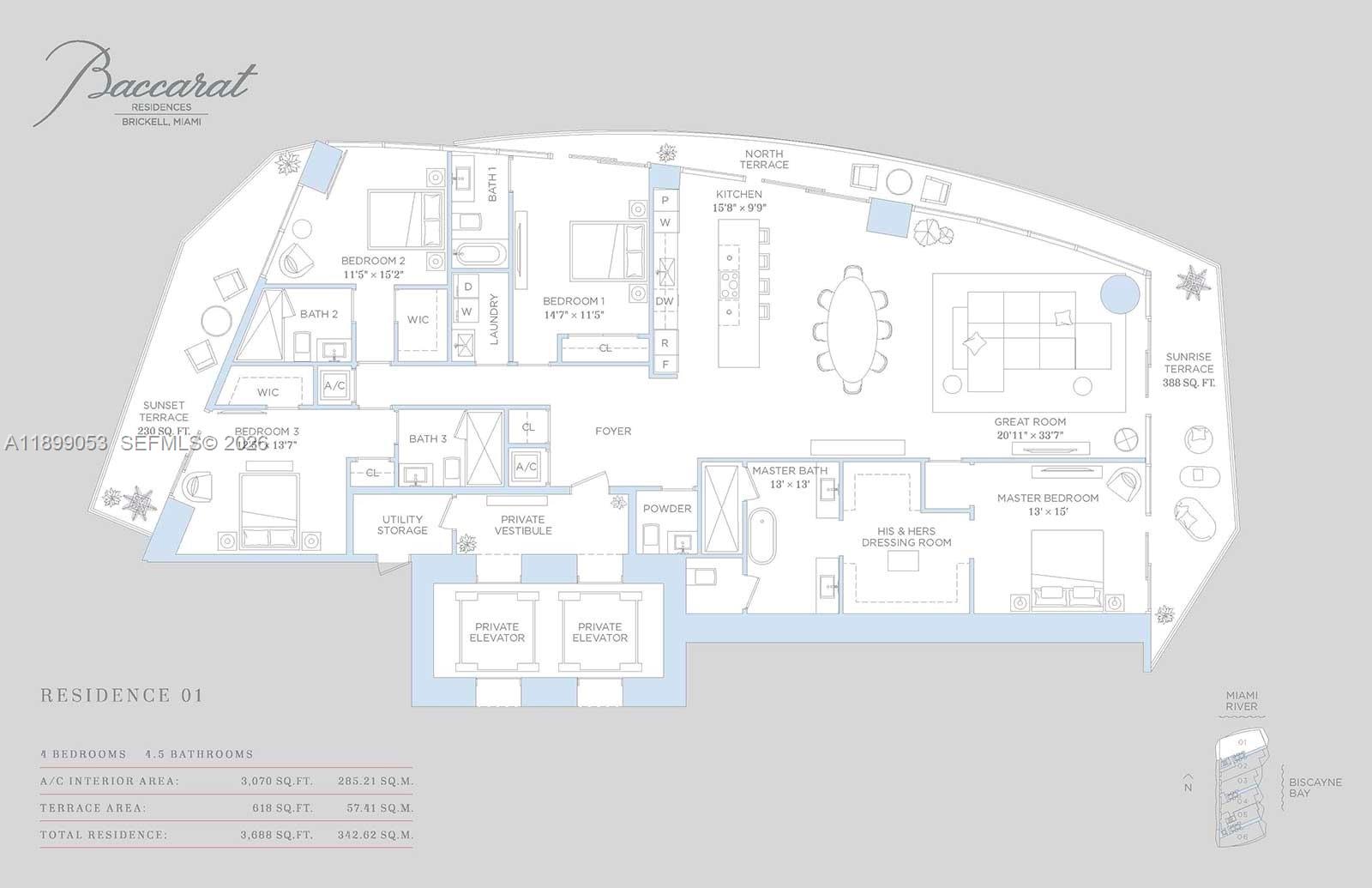 This is a floor plan for a four-bedroom, 4.5-bathroom luxury residence with two private elevators — 99 SE 5th street # 4301, Miami FL 33131, MIAMI, FL