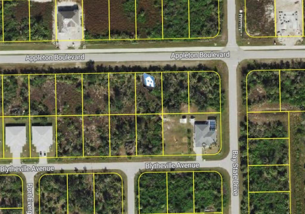 This is an aerial map showing a vacant residential lot marked with a house icon — 13337 APPLETON BOULEVARD, PORT CHARLOTTE, FL