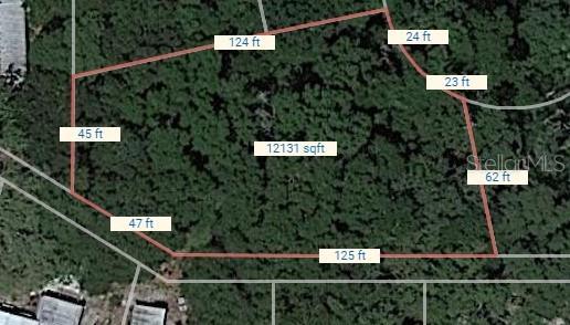 This is an aerial map showing the property boundaries and dimensions of a vacant lot — 2128 SUPREME COURT, MOUNT DORA, FL