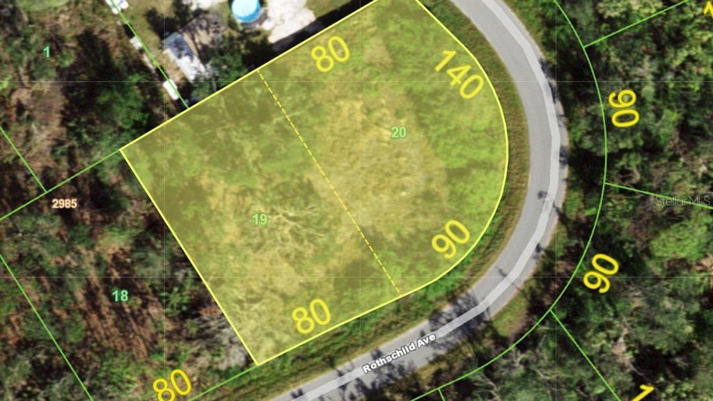 This is an aerial map showing two adjacent residential lots on a curved road — 14685 ROTHSCHILD AVENUE, PORT CHARLOTTE, FL