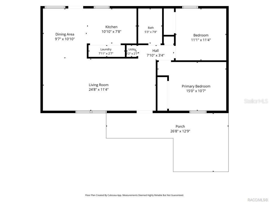 This is a floor plan showing a two-bedroom home with a kitchen, living room, and porch — 1317 CARL STREET, INVERNESS, FL