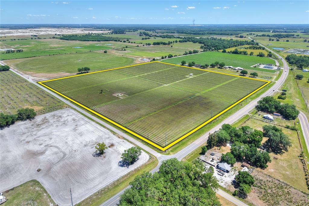 An aerial view shows a large, rectangular agricultural field outlined in yellow beside a road — 3674 E STATE ROAD 64, ZOLFO SPRINGS, FL