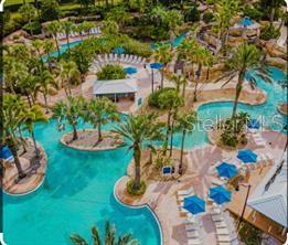 An aerial view of a resort-style swimming pool with palm trees and lounge chairs — 1224 ROYAL VIEW TERRACE, KISSIMMEE, FL