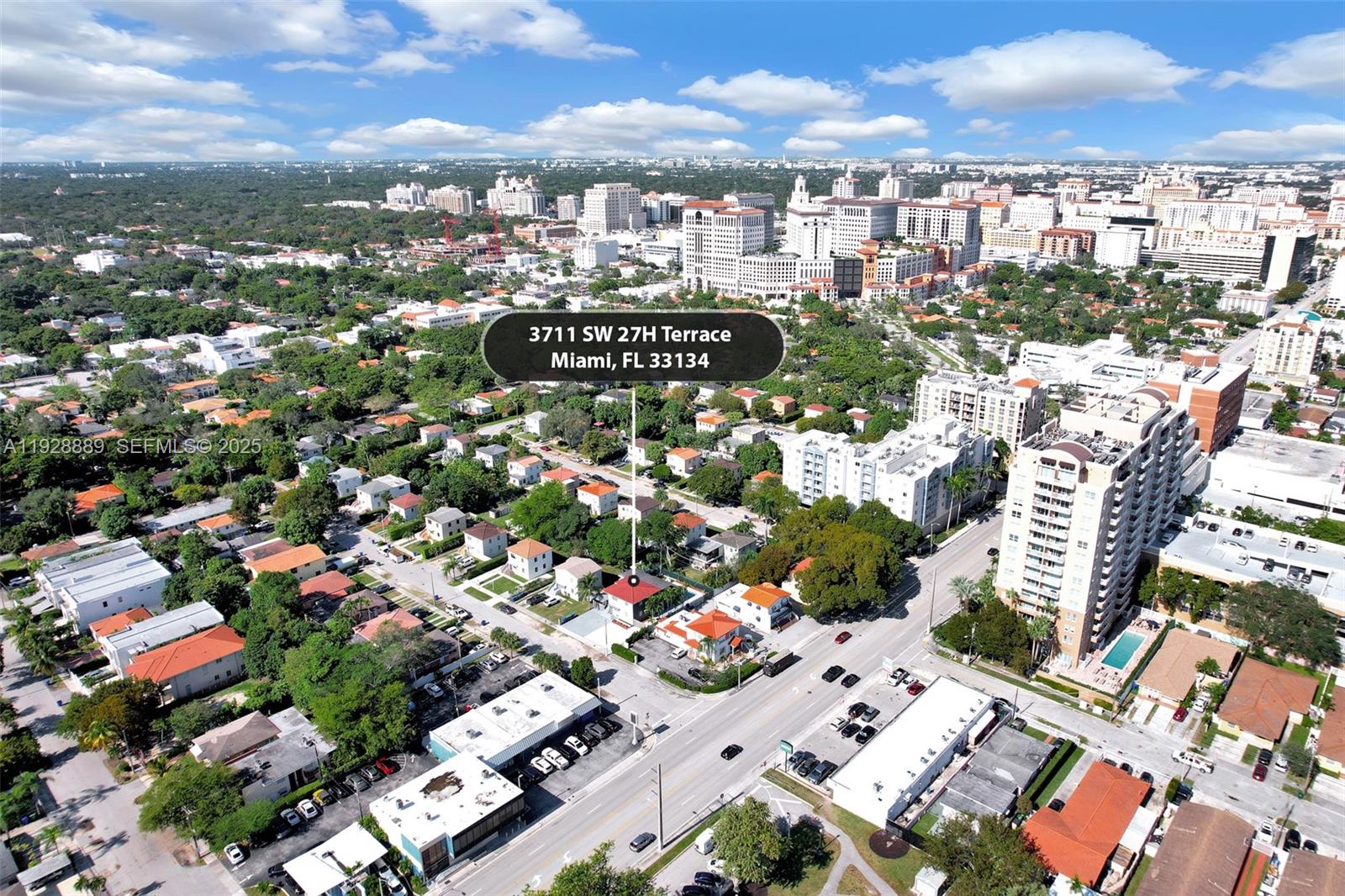 An aerial view shows a residential neighborhood in Miami with a single-family home highlighted — 3711 SW 27th Ter, Miami FL 33134, MIAMI, FL