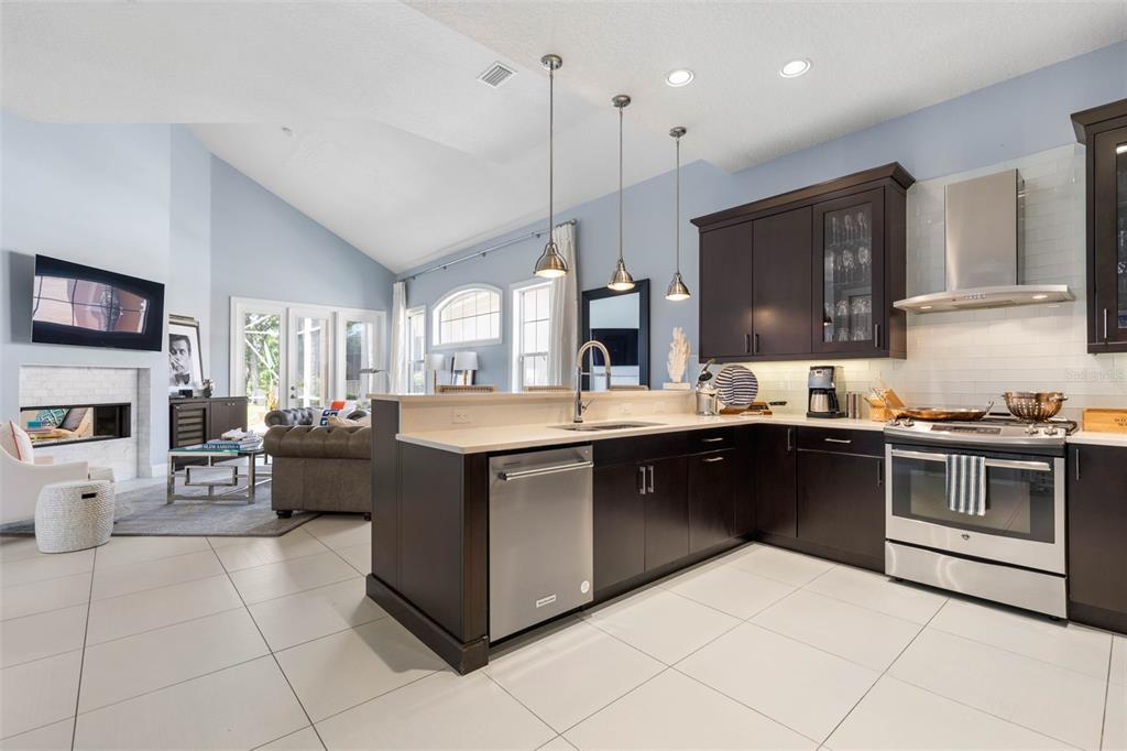 A kitchen with dark cabinets, stainless steel appliances, and a peninsula overlooks a living area — 16 MARBELLA COURT, PALM COAST, FL