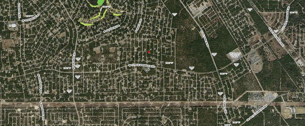 This is an aerial map view of a residential neighborhood in Citrus Springs, Florida — 7654 N UDAL DRIVE, CITRUS SPRINGS, FL