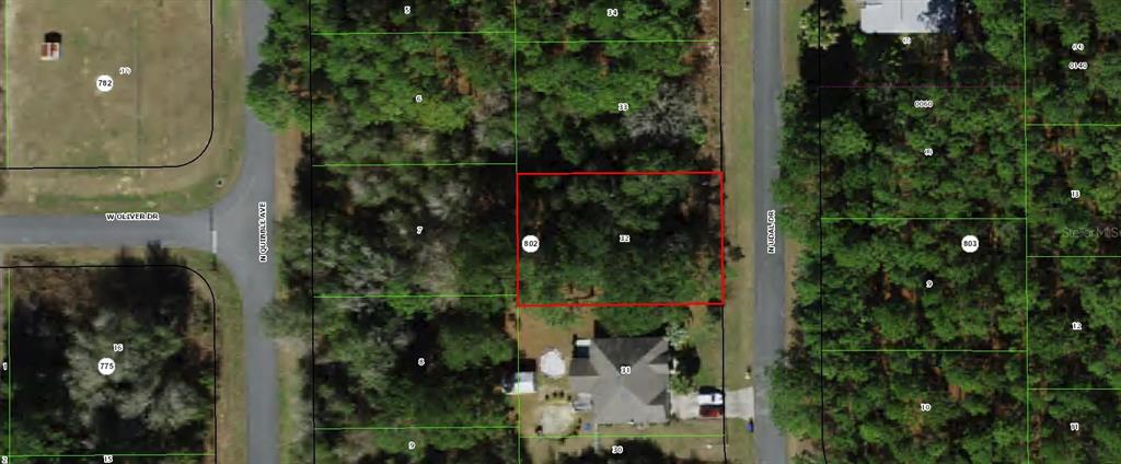 This is a map showing a vacant, wooded residential lot outlined in red — 7654 N UDAL DRIVE, CITRUS SPRINGS, FL