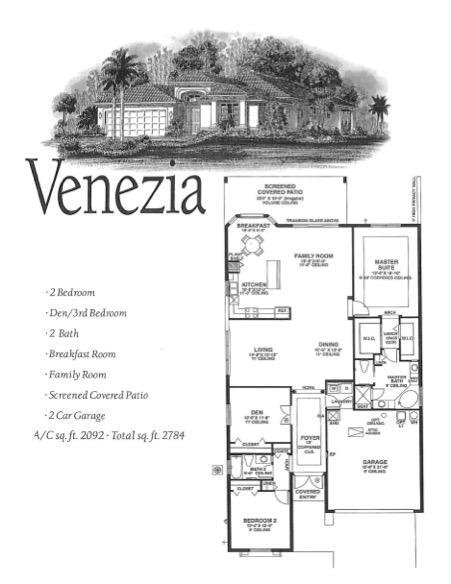 This floor plan shows a two-bedroom home with a den, family room, and two-car garage — 9871 Agnello Street, Lake Worth FL 33467, LAKE WORTH, FL