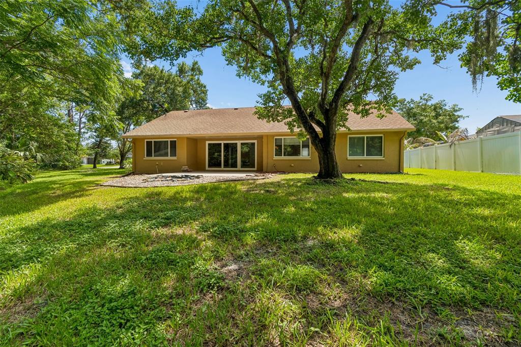 The exterior of a tan, single-story house with a large tree in the backyard — 15109 SPRINGVIEW STREET, TAMPA, FL