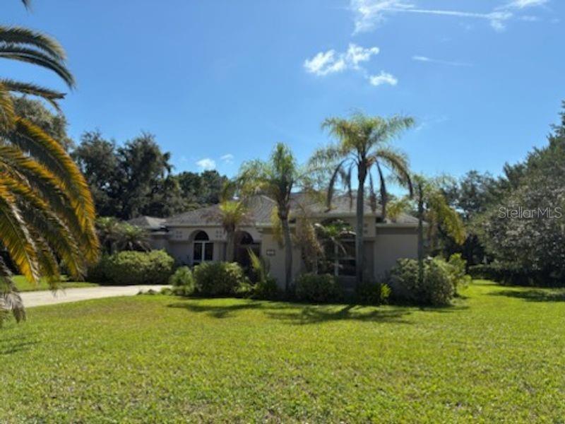 A single-story house with a tan exterior is surrounded by palm trees and green grass — 1521 SHADOW PINES DRIVE, NEW SMYRNA BEACH, FL