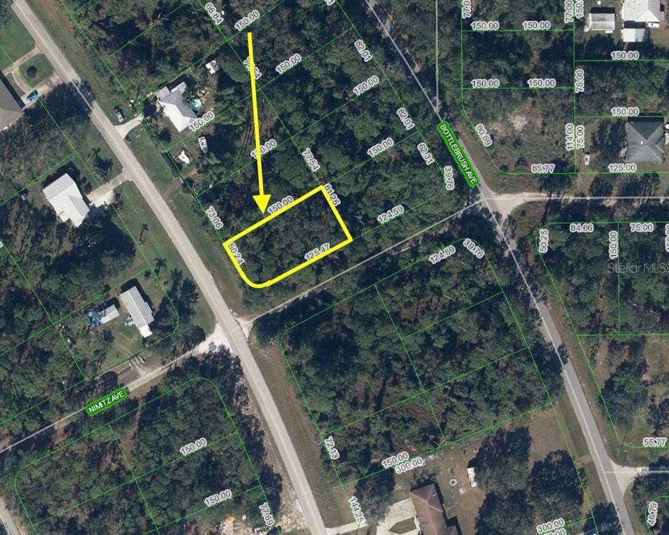 An aerial map shows a highlighted rectangular plot of land surrounded by wooded residential lots — 427 WASHINGTON BOULEVARD, LAKE PLACID, FL