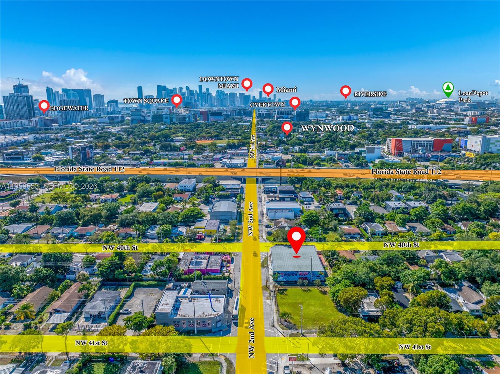 This aerial map shows a commercial property location in Miami near major roads and neighborhoods — 4000 NW 2nd Ave, Miami FL 33127, MIAMI, FL