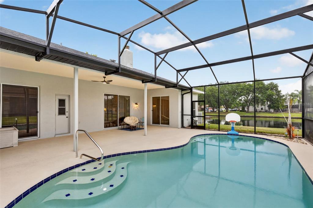 A screened-in patio features a swimming pool with steps and a basketball hoop — 14502 POTANOW TRAIL, ORLANDO, FL