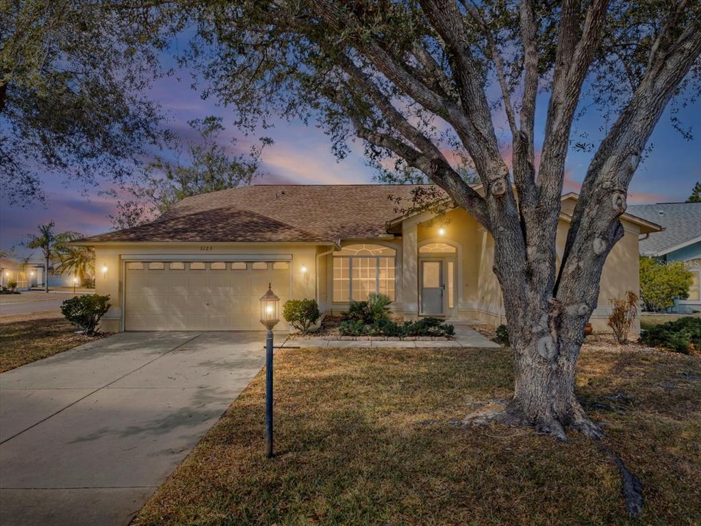 A single-story house with a beige exterior, a two-car garage, and a large front tree — 3123 QUAIL HOLLOW COURT, SPRING HILL, FL