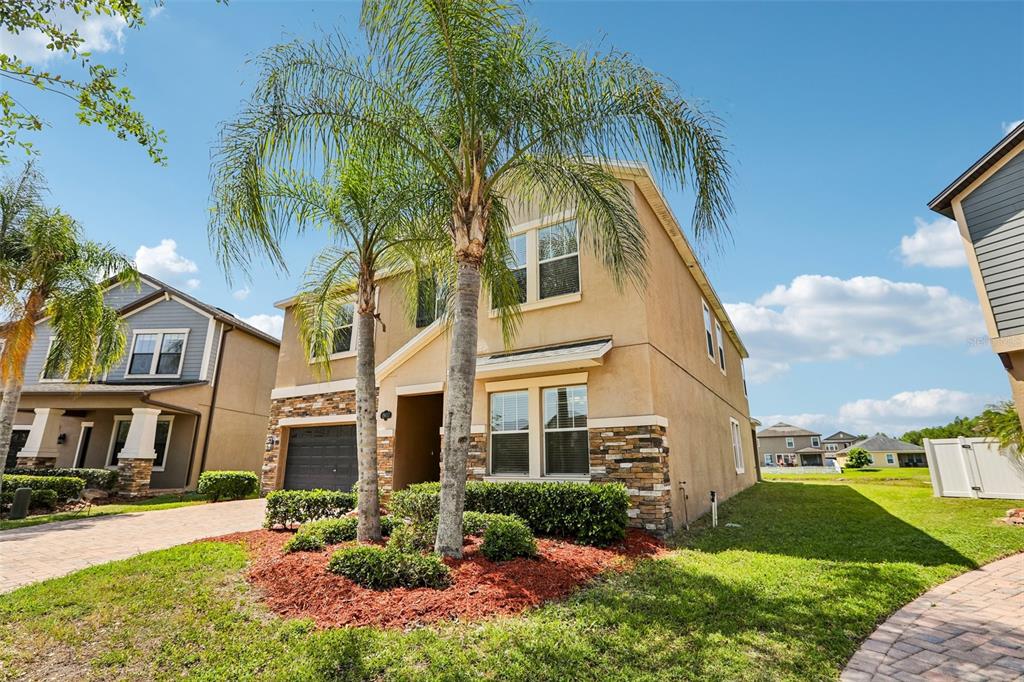A two-story tan stucco house with stone accents, a two-car garage, and two palm trees — 19417 PADDOCK VIEW DRIVE, TAMPA, FL