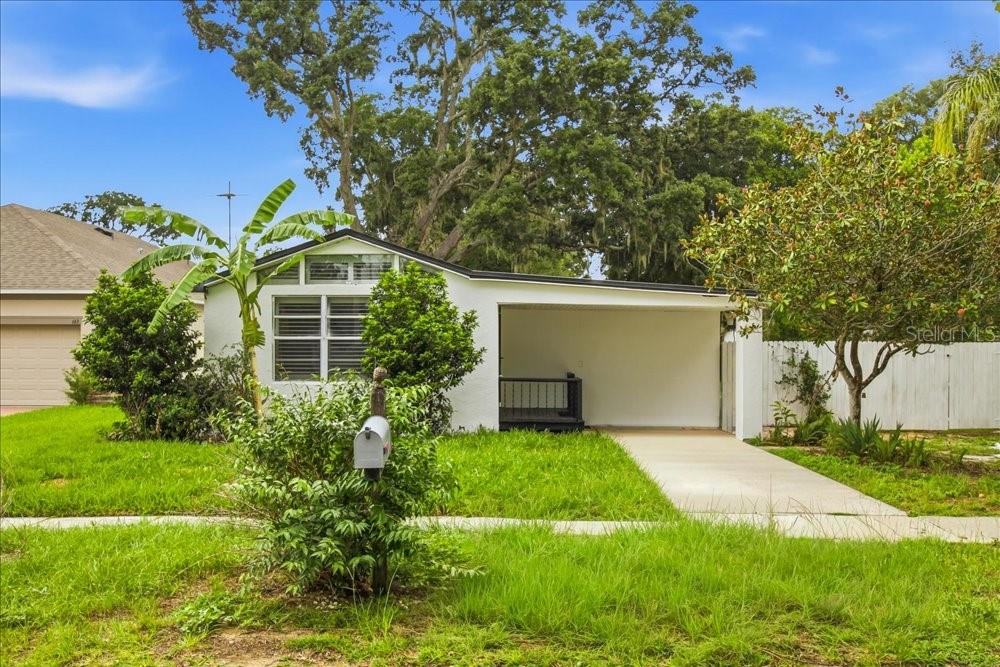 A white single-story house with a carport, a front lawn, and mature trees — 171 STANLEY BELL DRIVE, MOUNT DORA, FL