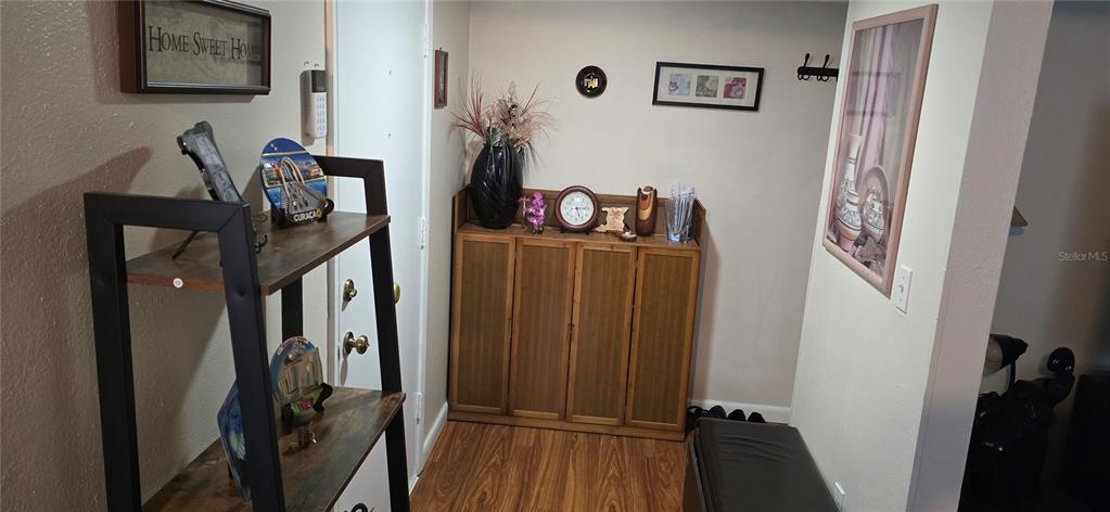 An entryway features a wooden cabinet, a metal shelving unit, and wood-look flooring — 3894 37TH STREET S UNIT 41, ST PETERSBURG, FL