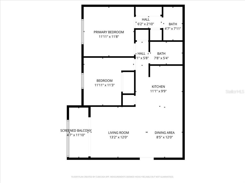 This is a floor plan for a two-bedroom apartment with a screened balcony — 1515 FORREST NELSON BOULEVARD UNIT B206, PORT CHARLOTTE, FL