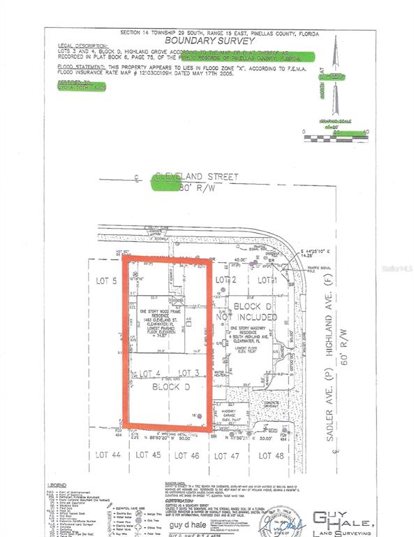 This is a boundary survey map showing the property lines and structures for a lot — 1493 CLEVELAND STREET, CLEARWATER, FL