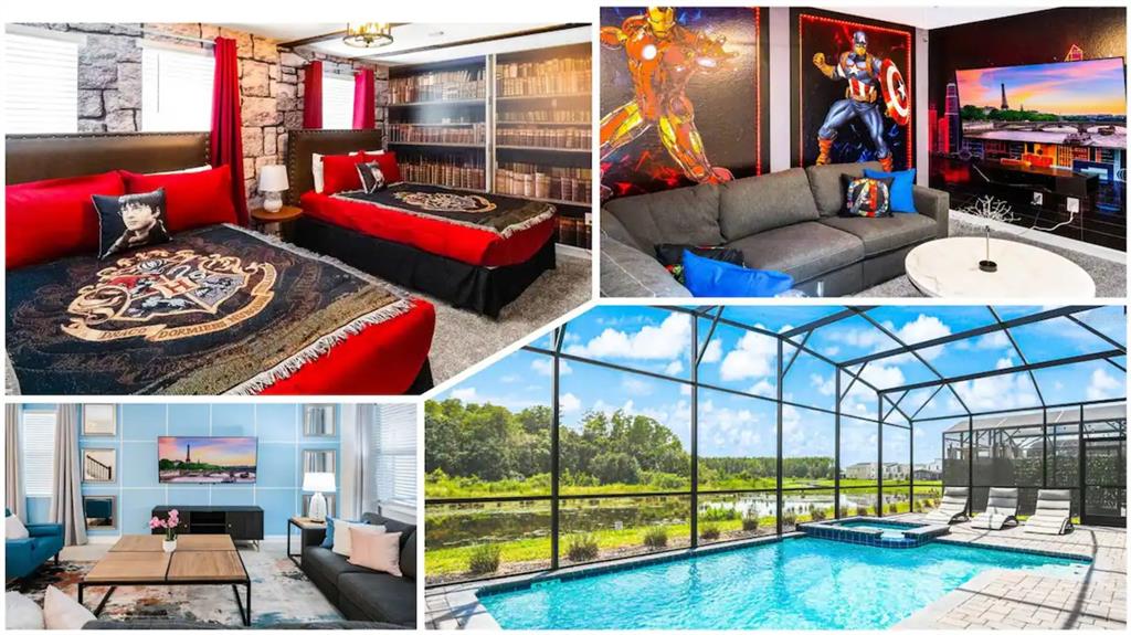 This collage shows themed bedrooms, a living area with superhero murals, and a screened pool — 2965 PROTAGONIST STREET, KISSIMMEE, FL