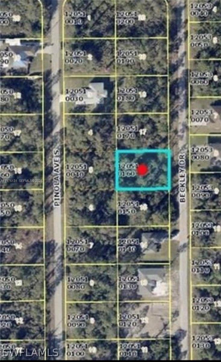 This is an aerial map showing a highlighted vacant lot between two residential streets — 226 beckley dr, Lehigh Acres FL 33974, LEHIGH ACRES, FL