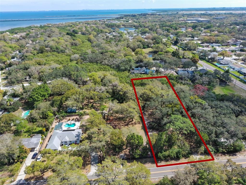 An aerial view shows a rectangular, tree-covered vacant lot outlined in red next to a house — 1971 WOLFORD ROAD, CLEARWATER, FL