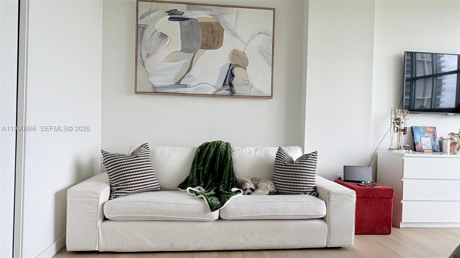 A white sofa with patterned pillows and a green throw sits beneath wall art — 3451 NE 1st Ave # M0703, Miami FL 33137, MIAMI, FL